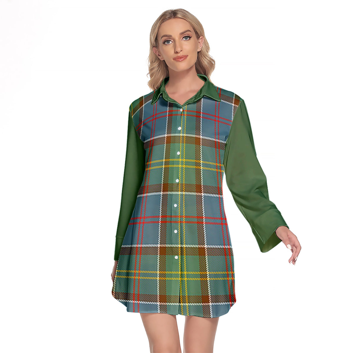 Colville Tartan Women's Lapel Shirt Dress With Long Sleeve