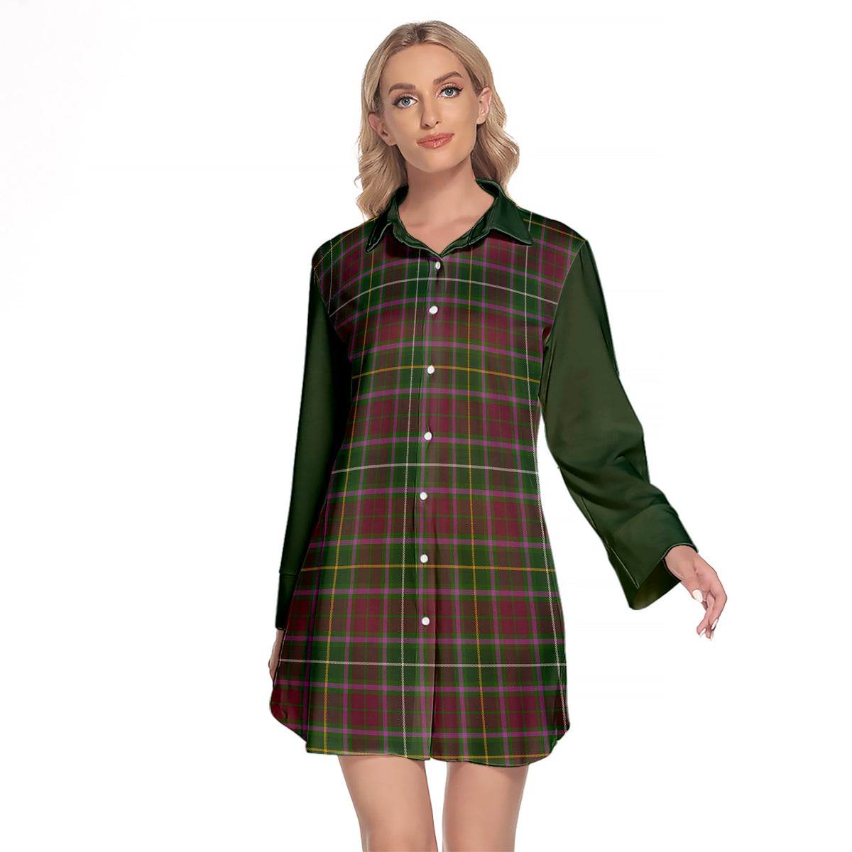 Crosbie Tartan Women's Lapel Shirt Dress With Long Sleeve