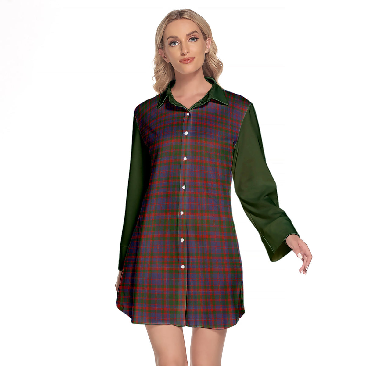 Cumming Tartan Women's Lapel Shirt Dress With Long Sleeve