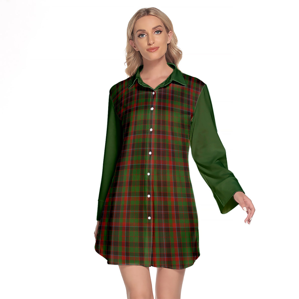 Cumming Hunting Tartan Women's Lapel Shirt Dress With Long Sleeve