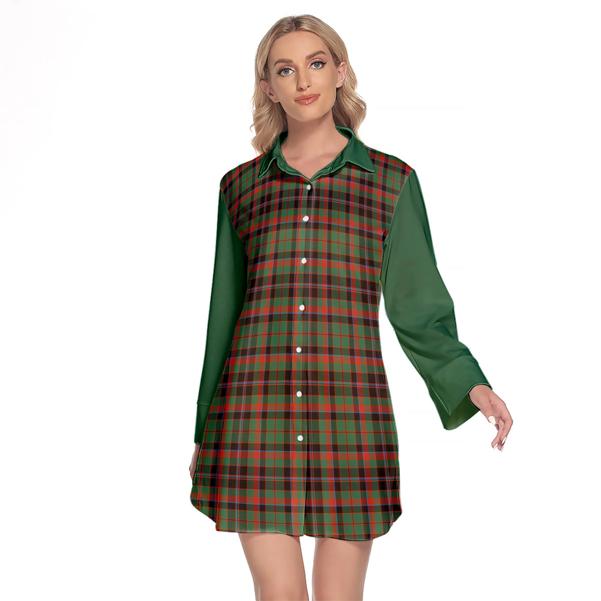 Cumming Hunting Ancient Tartan Women's Lapel Shirt Dress With Long Sleeve