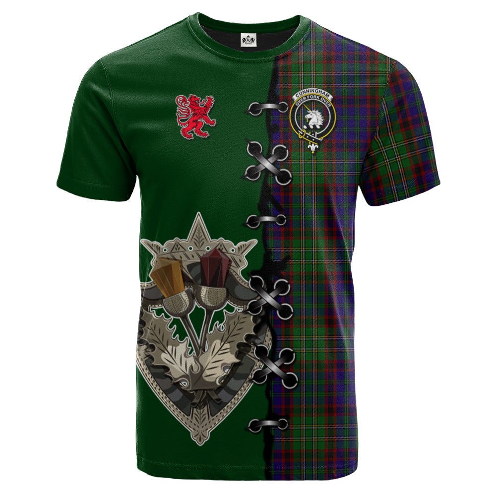 Cunningham Hunting Tartan T-shirt - Lion Rampant And Celtic Thistle Style