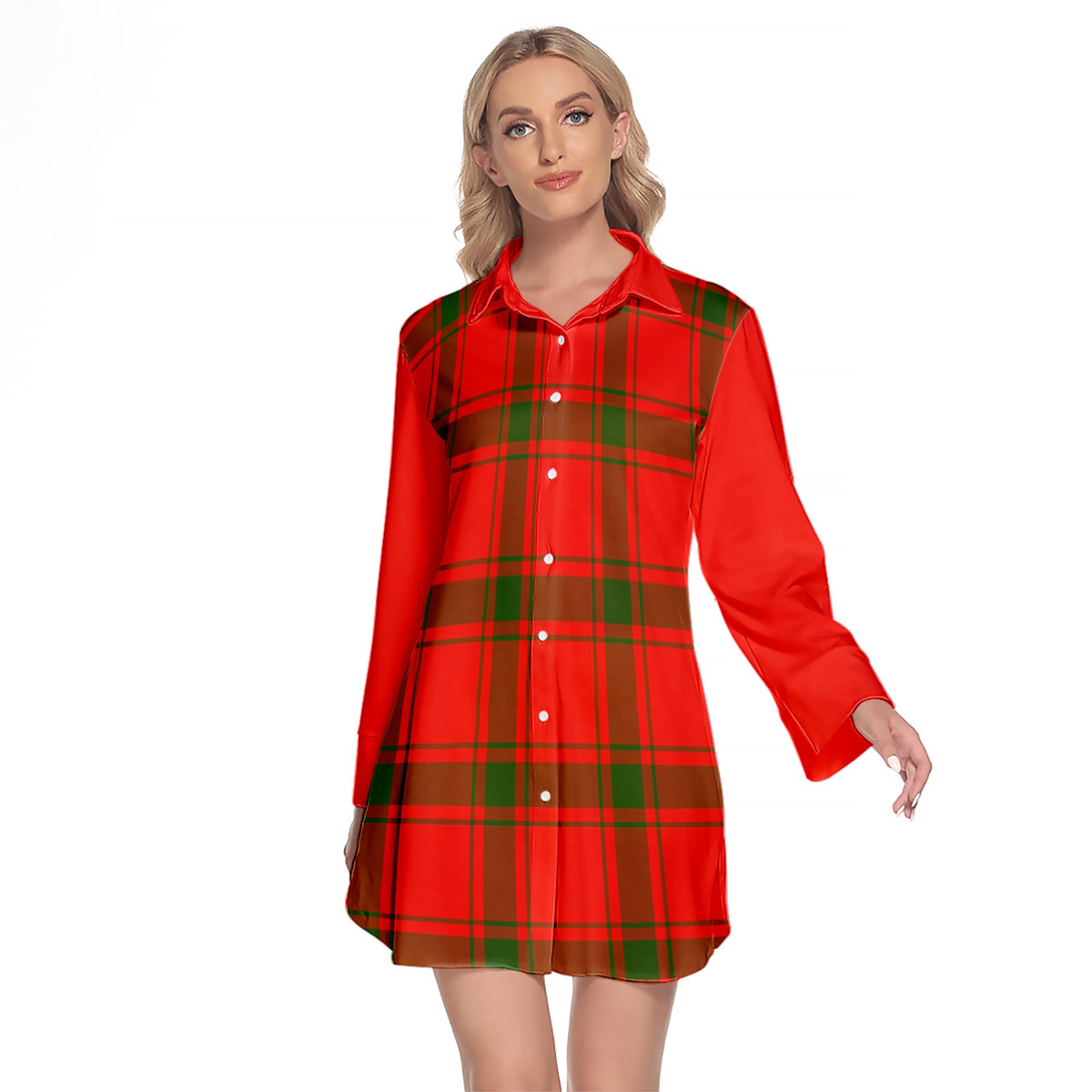 Darroch Tartan Women's Lapel Shirt Dress With Long Sleeve