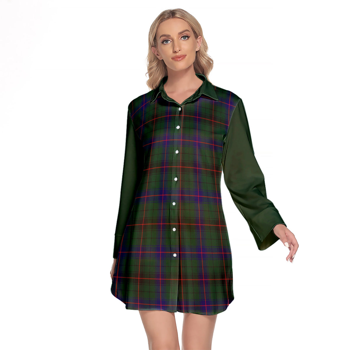 Davidson Modern Tartan Women's Lapel Shirt Dress With Long Sleeve