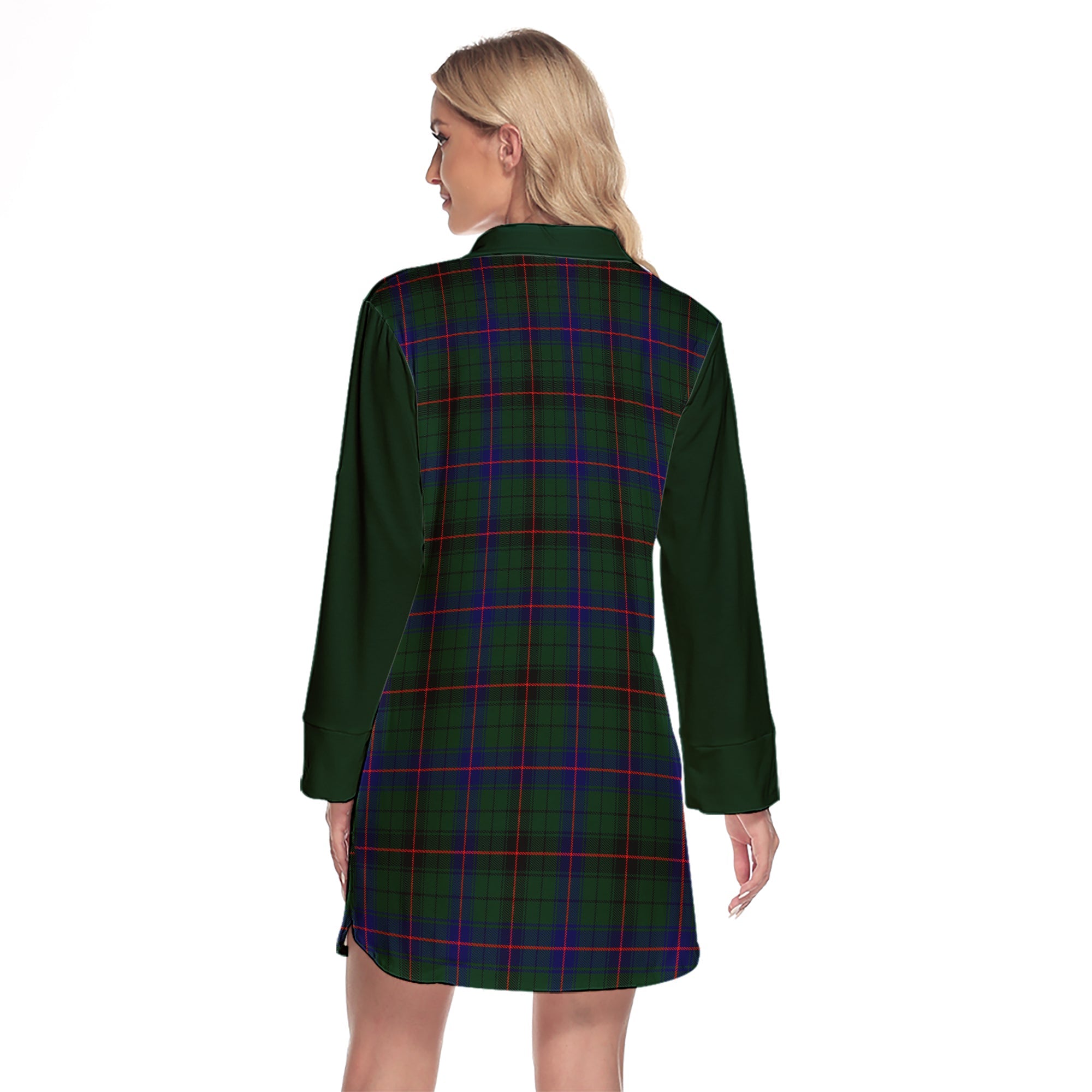 Davidson Modern Tartan Women's Lapel Shirt Dress With Long Sleeve