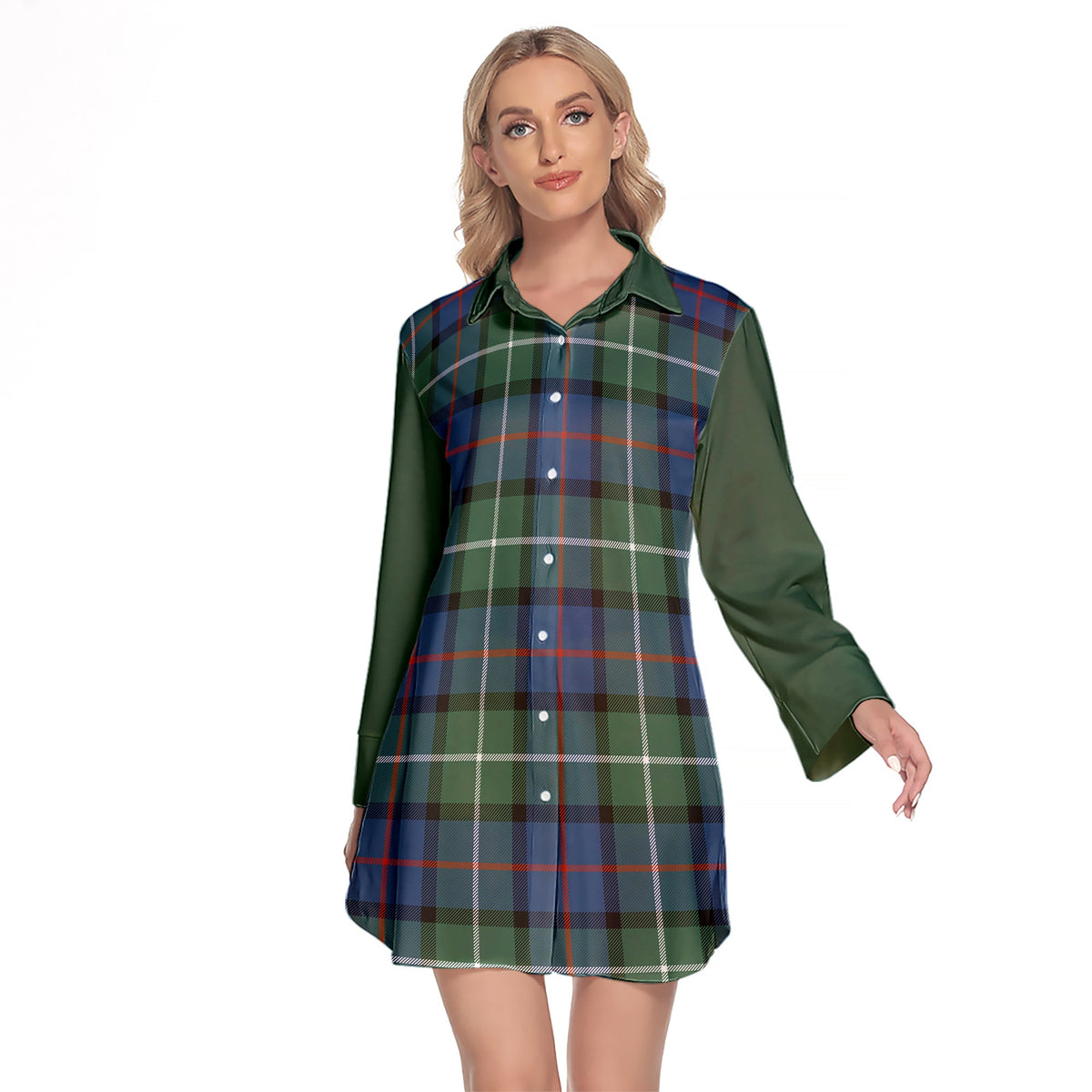 Davidson Of Tulloch Tartan Women's Lapel Shirt Dress With Long Sleeve