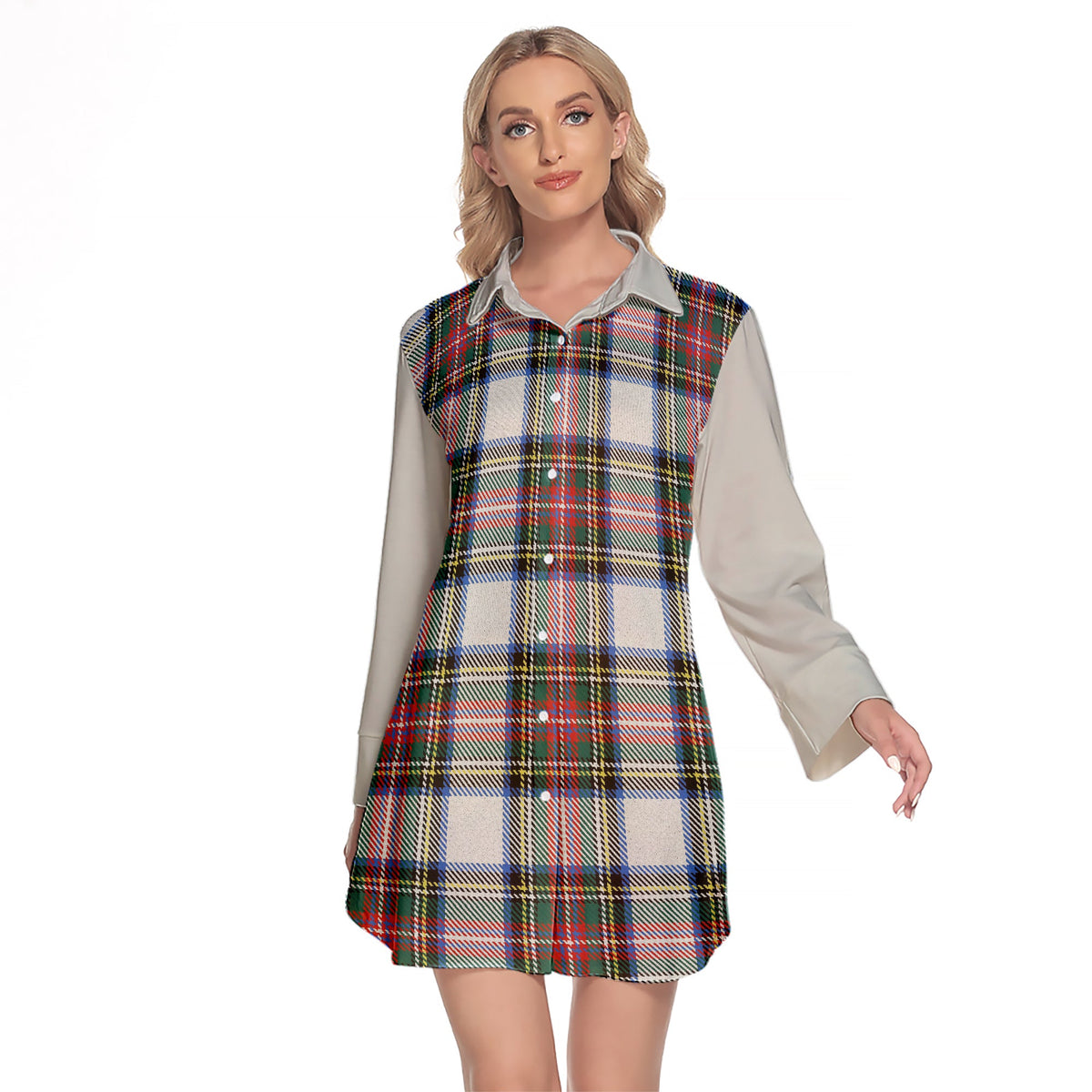 Dennistoun Tartan Women's Lapel Shirt Dress With Long Sleeve