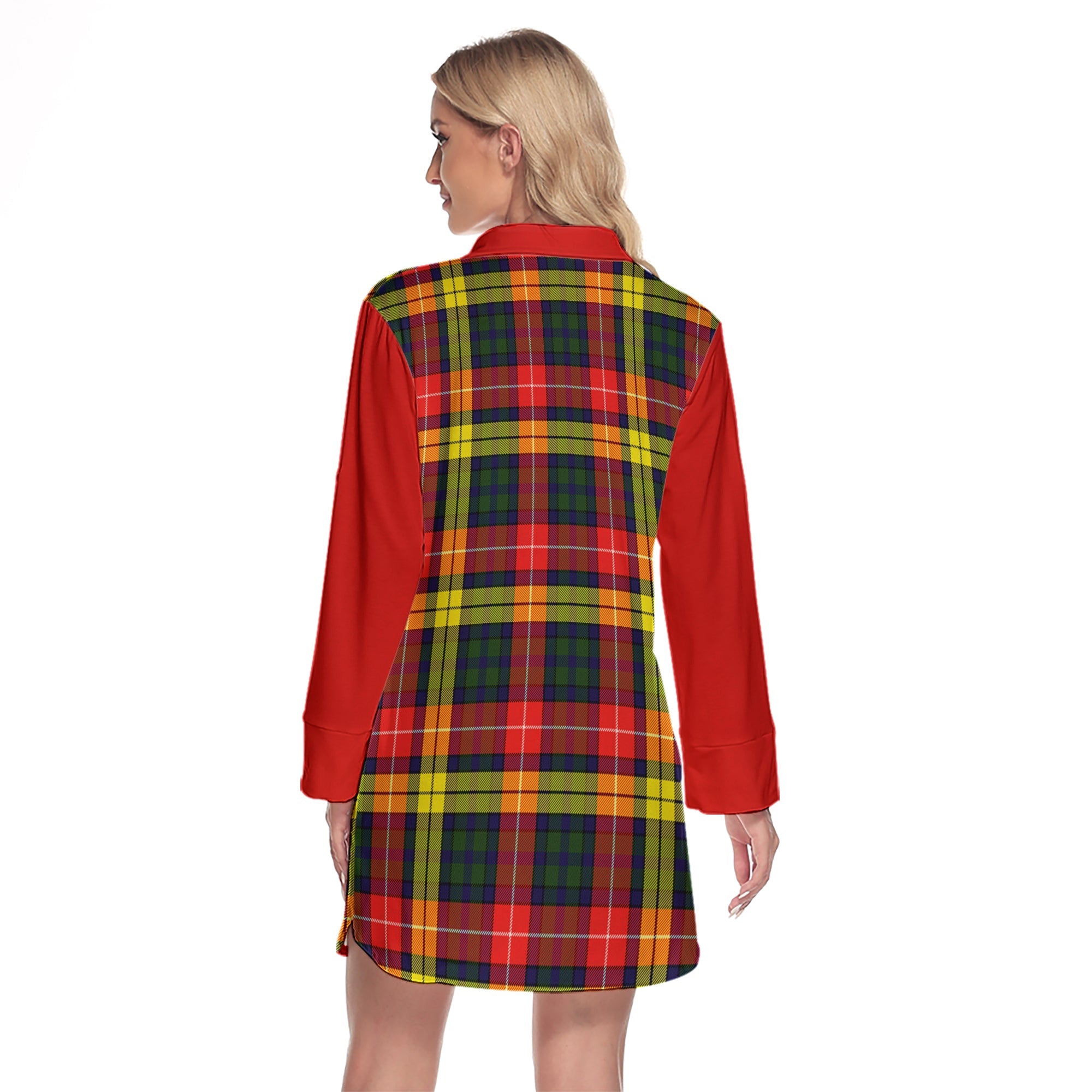 Dewar Tartan Women's Lapel Shirt Dress With Long Sleeve