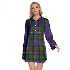 Donnachaidh Tartan Women's Lapel Shirt Dress With Long Sleeve