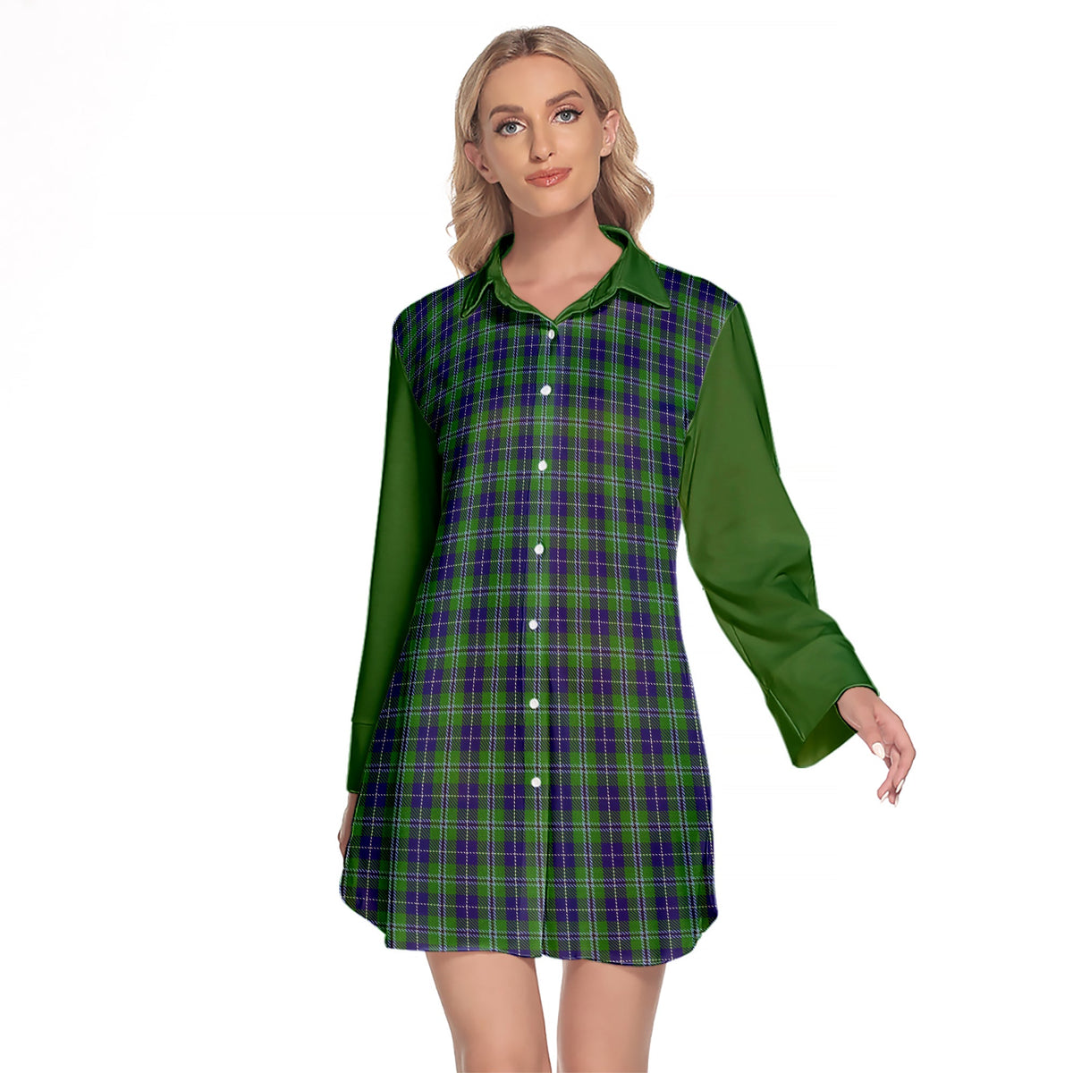 Douglas Tartan Women's Lapel Shirt Dress With Long Sleeve