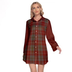 Douglas Ancient Red Tartan Women's Lapel Shirt Dress With Long Sleeve