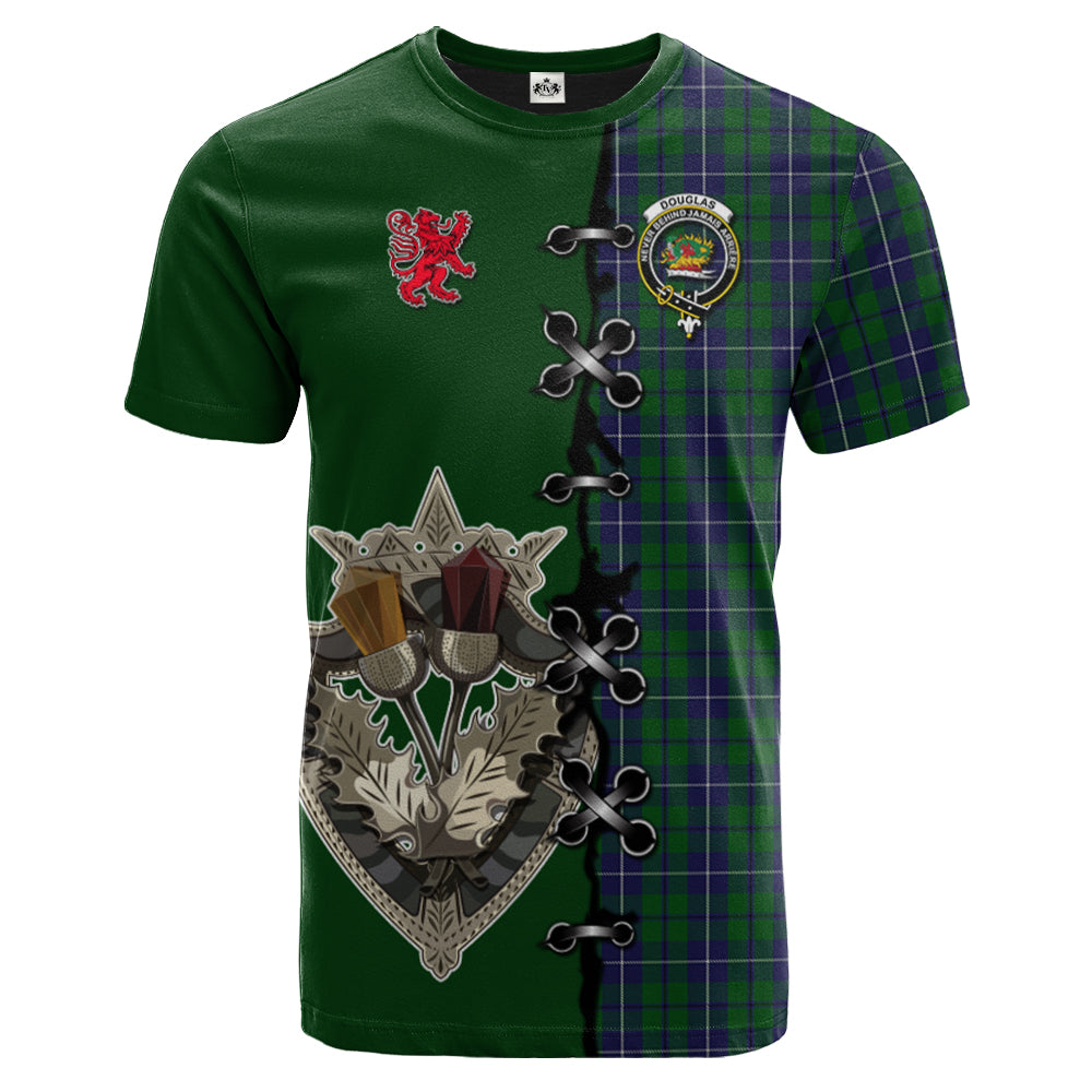 Douglas Green Tartan T-shirt - Lion Rampant And Celtic Thistle Style