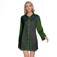 Douglas Green Tartan Women's Lapel Shirt Dress With Long Sleeve