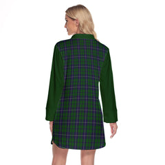 Douglas Green Tartan Women's Lapel Shirt Dress With Long Sleeve