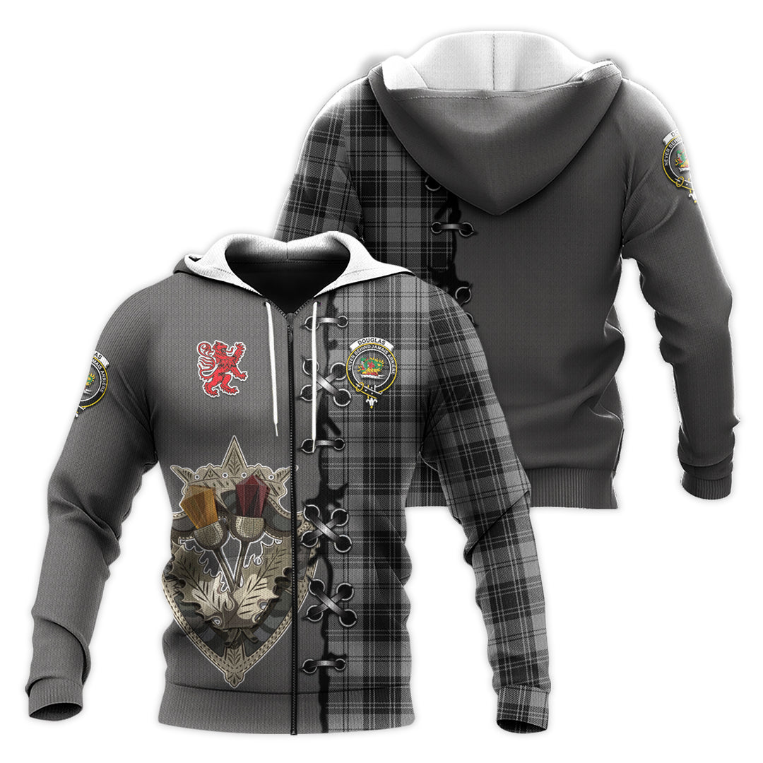 Douglas Grey Tartan Hoodie - Lion Rampant And Celtic Thistle Style