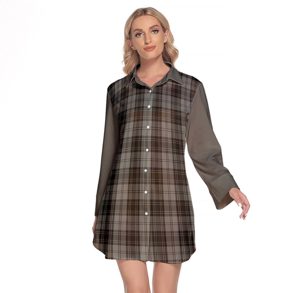 Douglas Grey Tartan Women's Lapel Shirt Dress With Long Sleeve