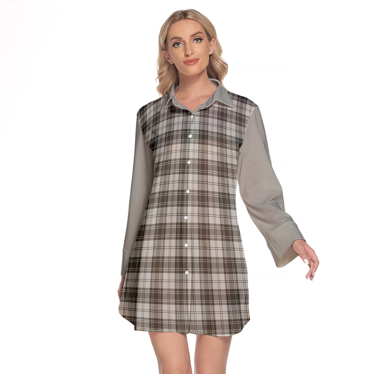 Douglas Grey Modern Tartan Women's Lapel Shirt Dress With Long Sleeve