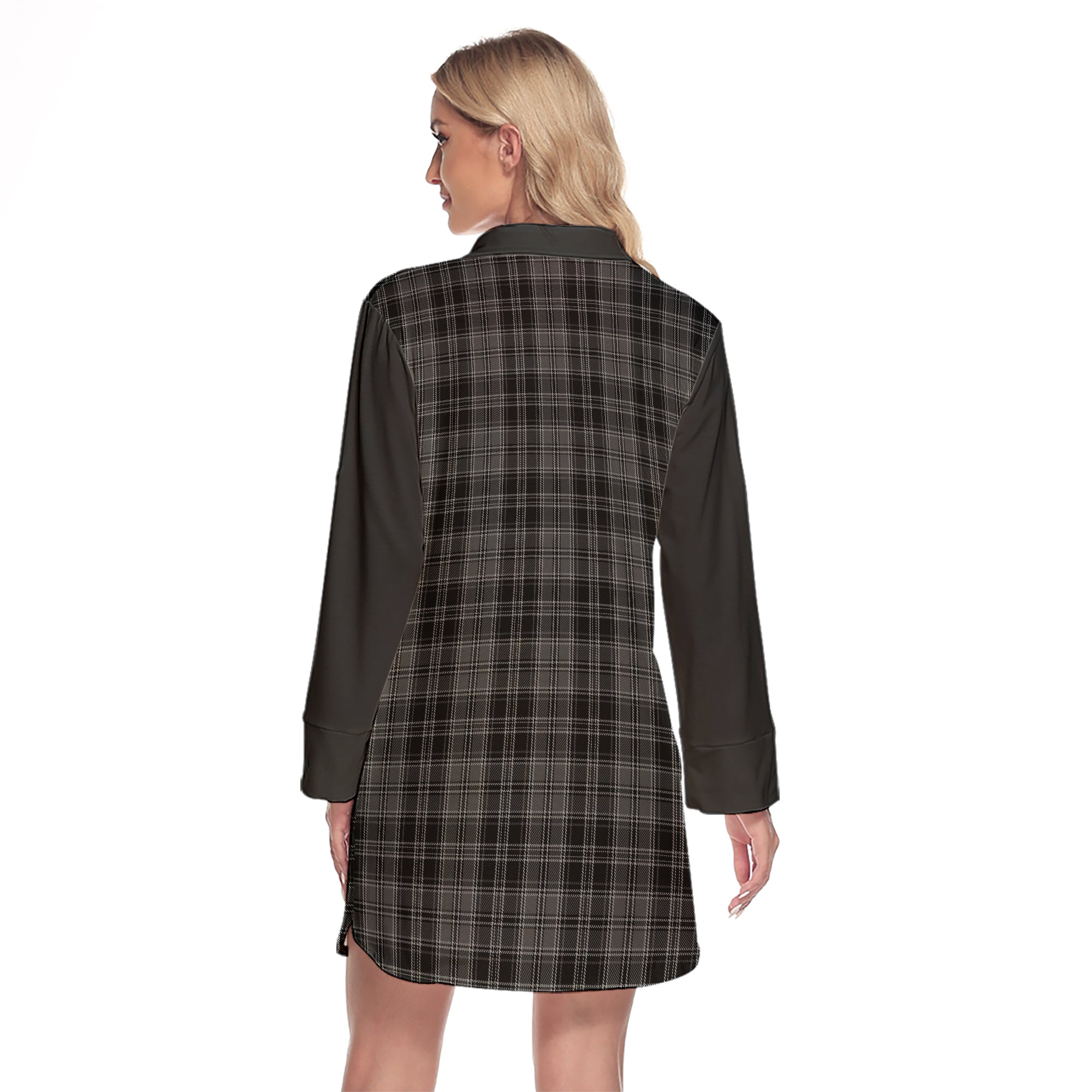 Drummond Grey Tartan Women's Lapel Shirt Dress With Long Sleeve