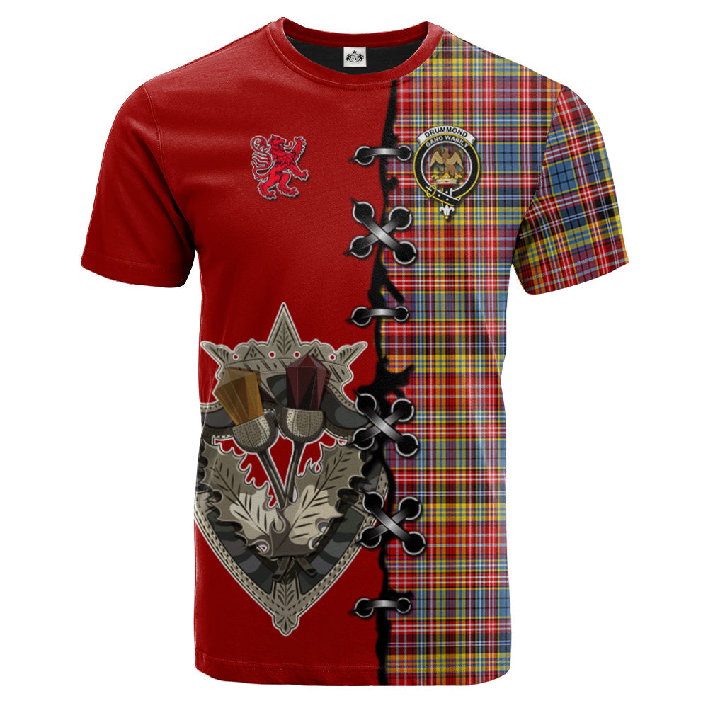 Drummond of Strathallan Modern Tartan T-shirt - Lion Rampant And Celtic Thistle Style