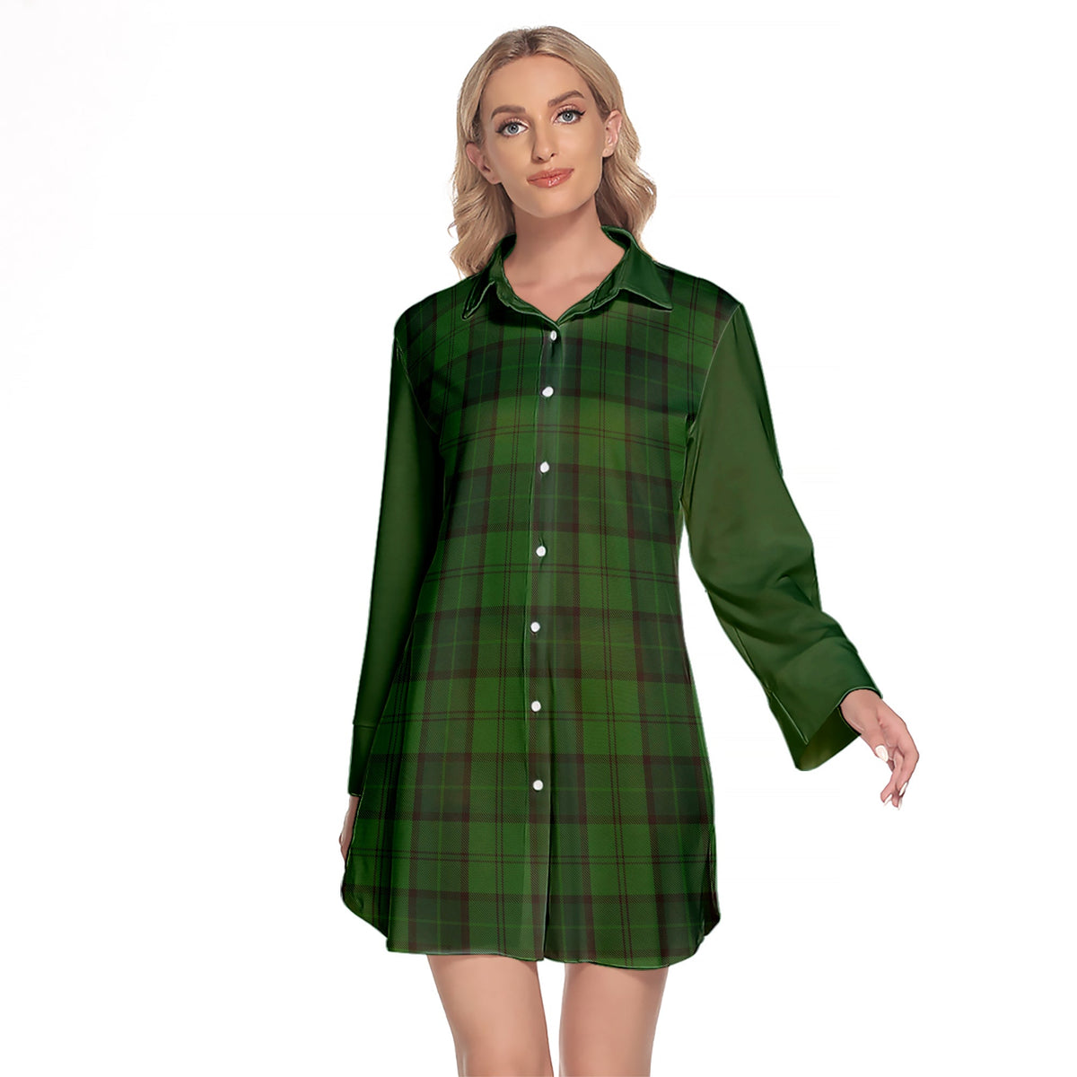 Dunbar Hunting Tartan Women's Lapel Shirt Dress With Long Sleeve