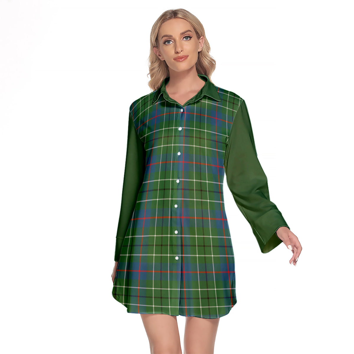 Duncan Ancient Tartan Women's Lapel Shirt Dress With Long Sleeve