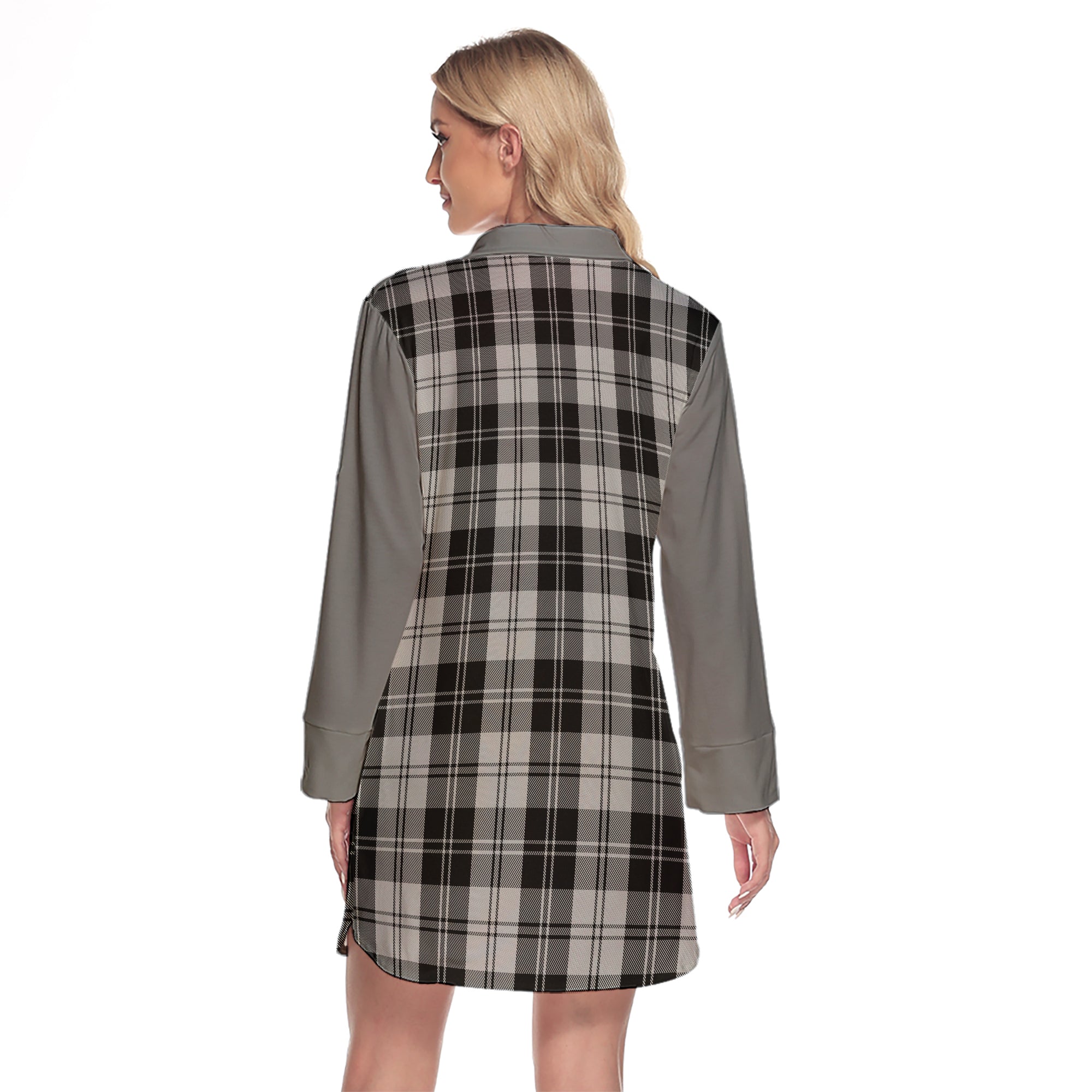 Erskine Black And White Tartan Women's Lapel Shirt Dress With Long Sleeve