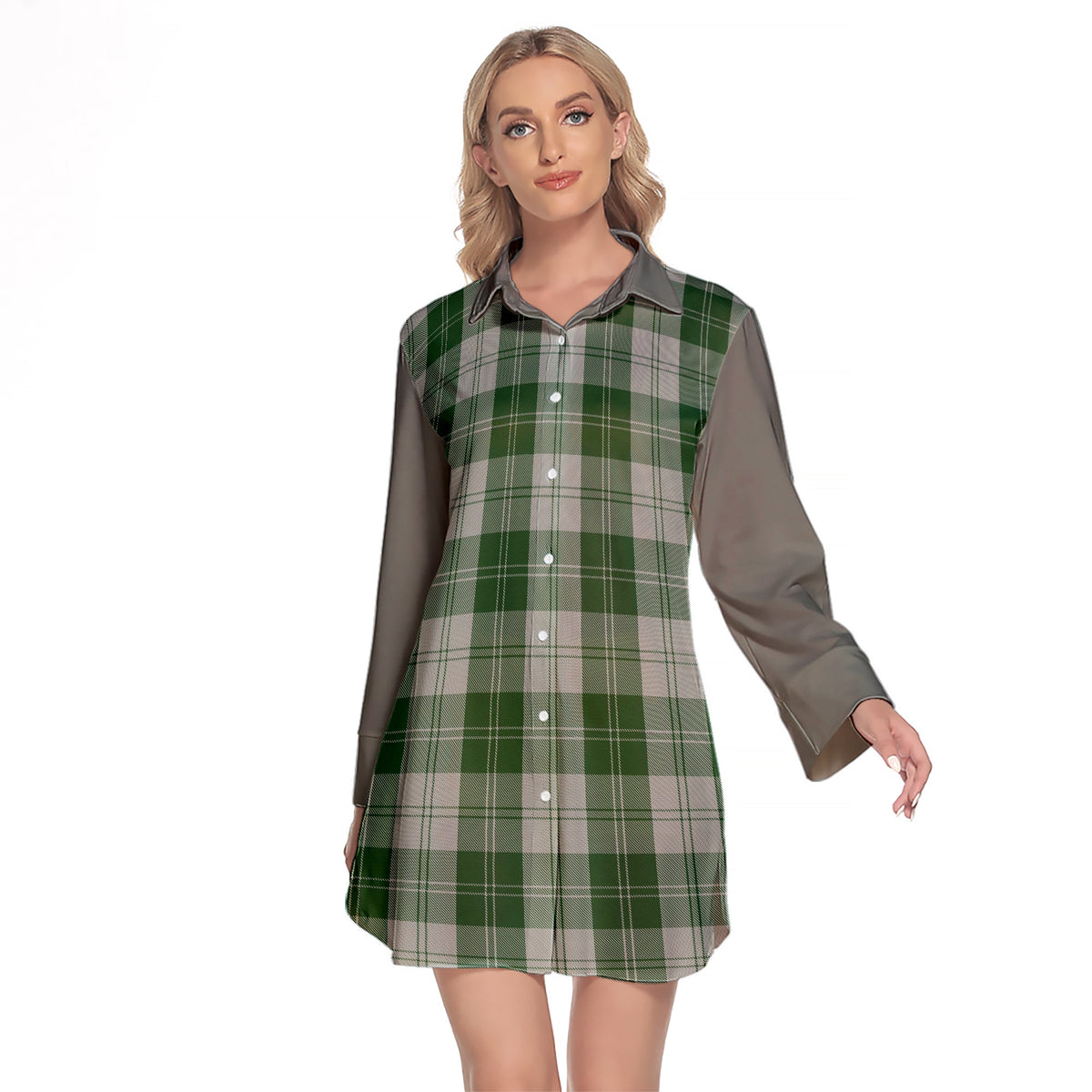 Erskine Green Tartan Women's Lapel Shirt Dress With Long Sleeve