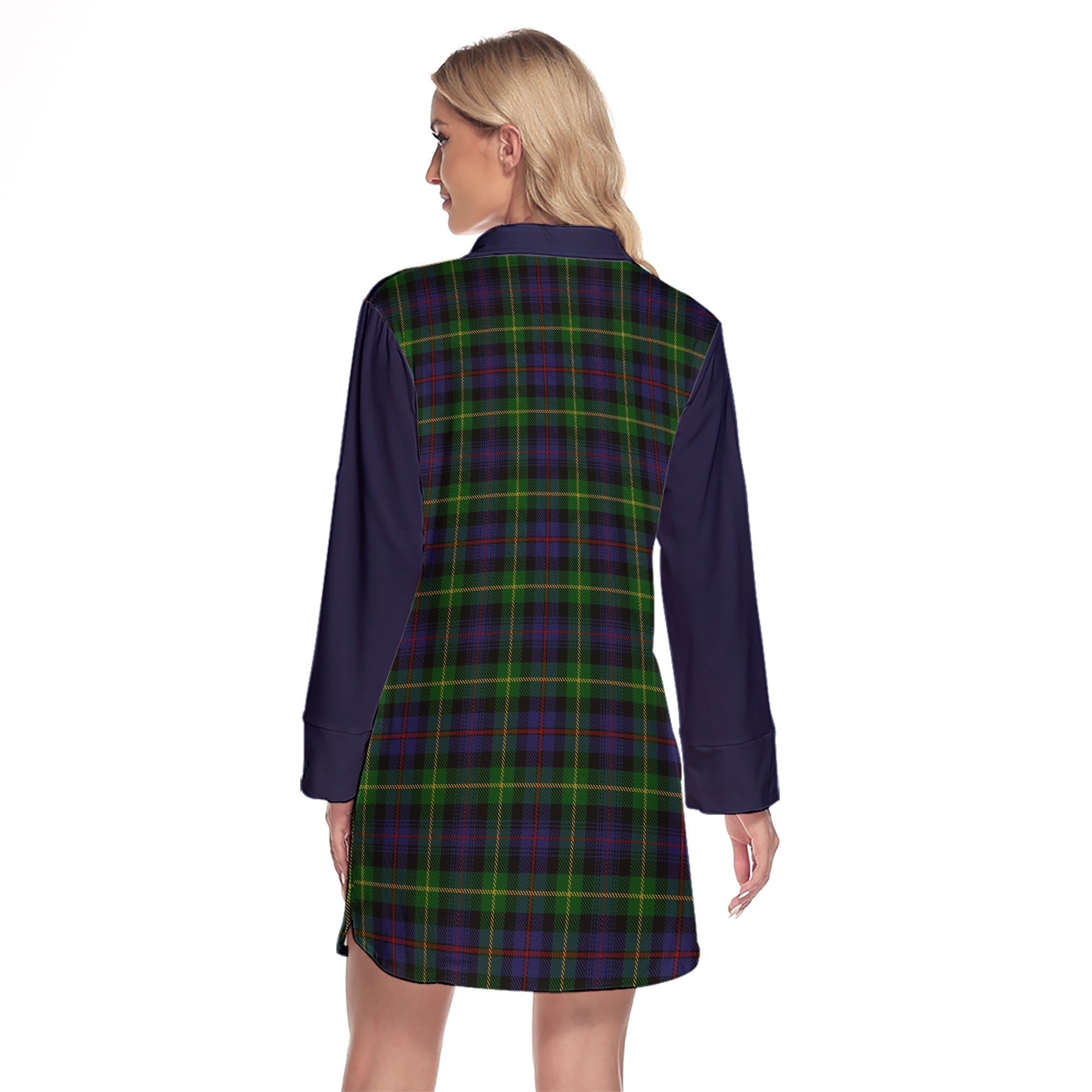 Farquharson Tartan Women's Lapel Shirt Dress With Long Sleeve