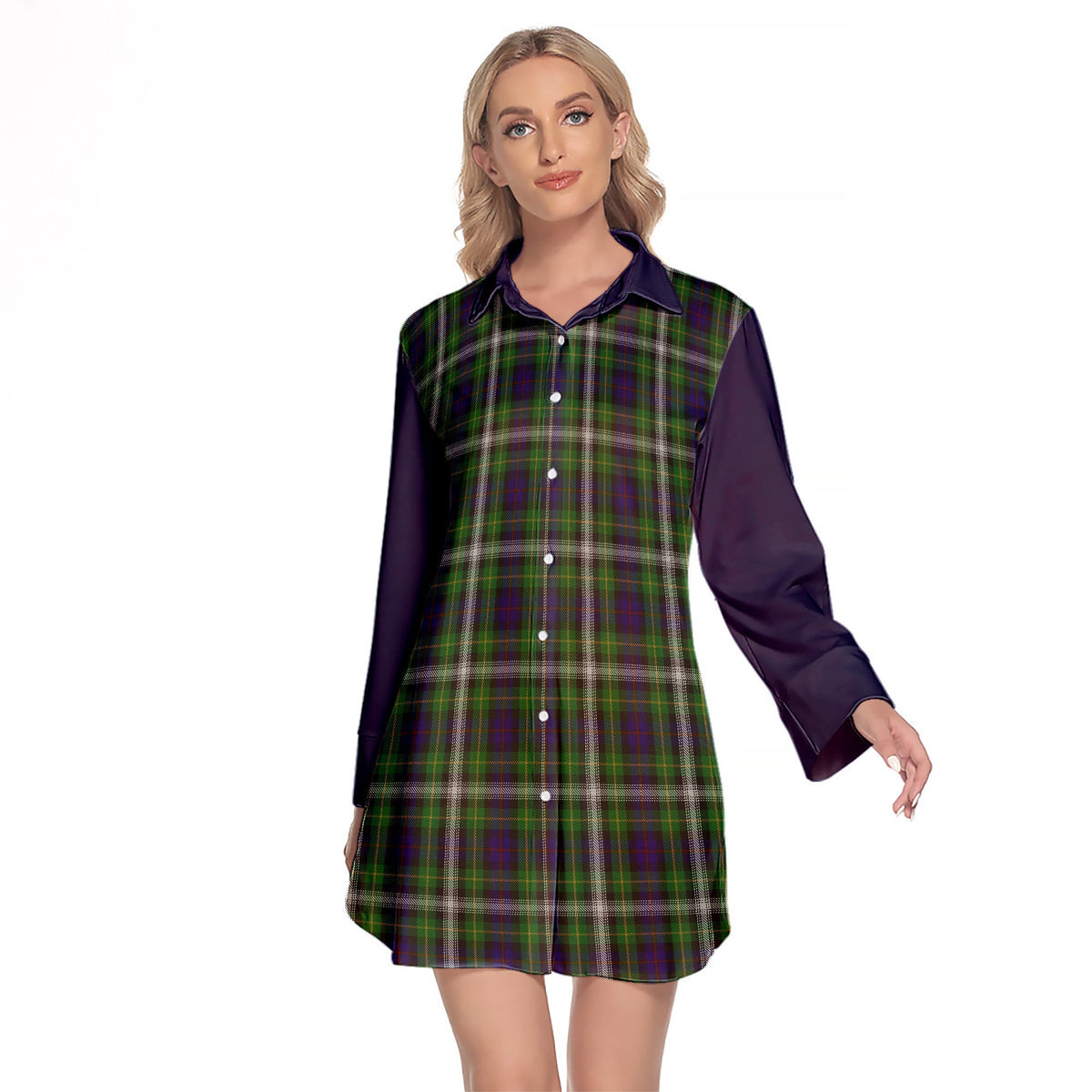 Farquharson Dress Tartan Women's Lapel Shirt Dress With Long Sleeve