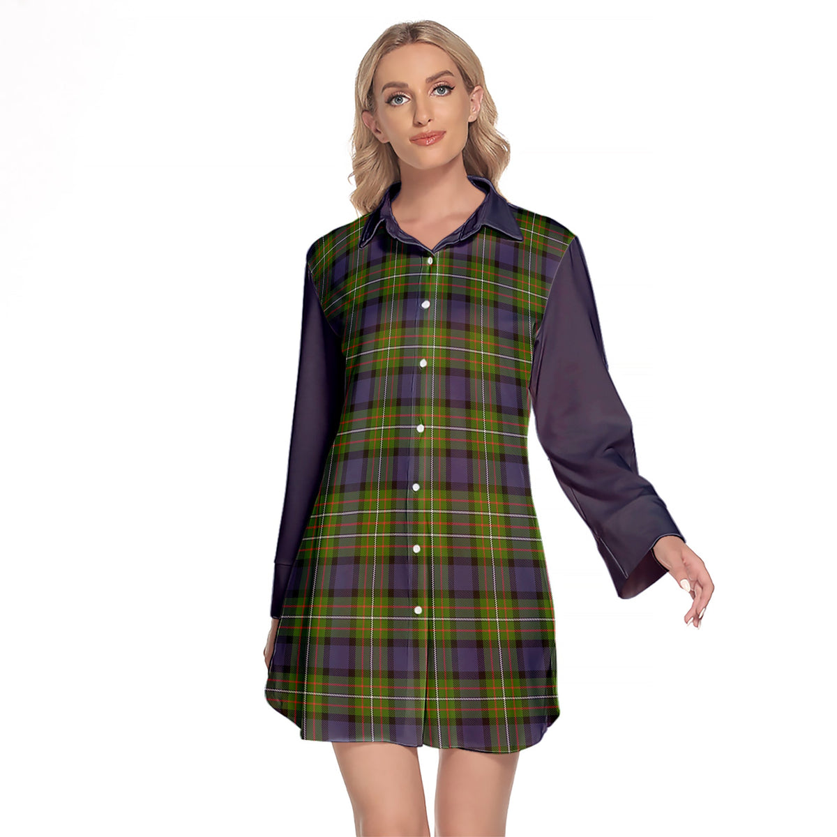 Ferguson Modern Tartan Women's Lapel Shirt Dress With Long Sleeve