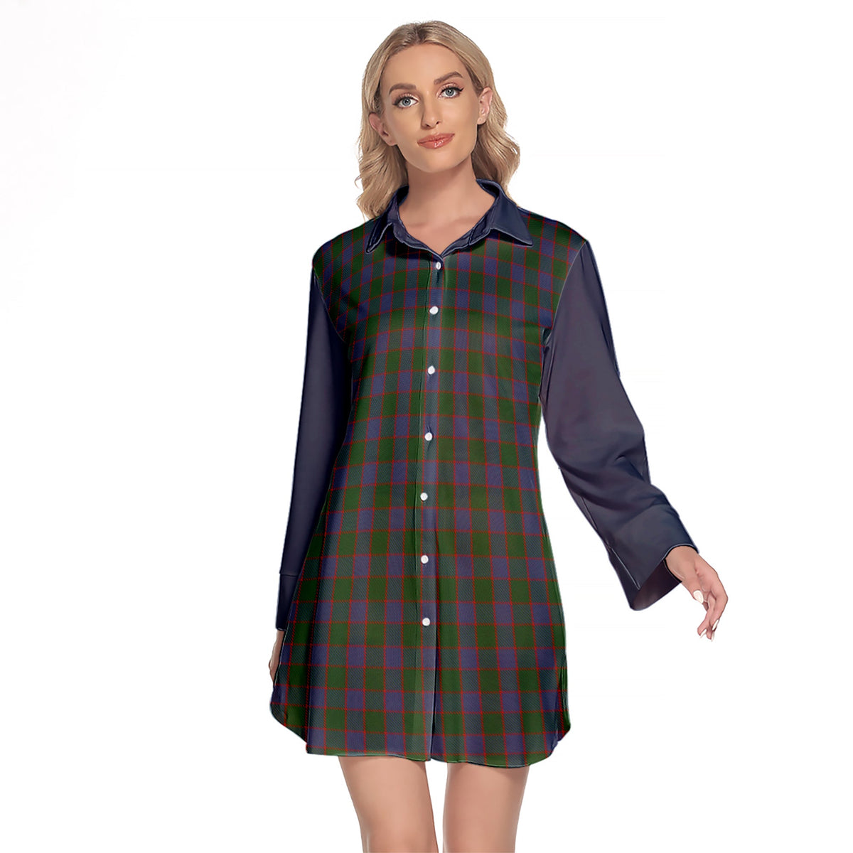 Ferguson Old Tartan Women's Lapel Shirt Dress With Long Sleeve