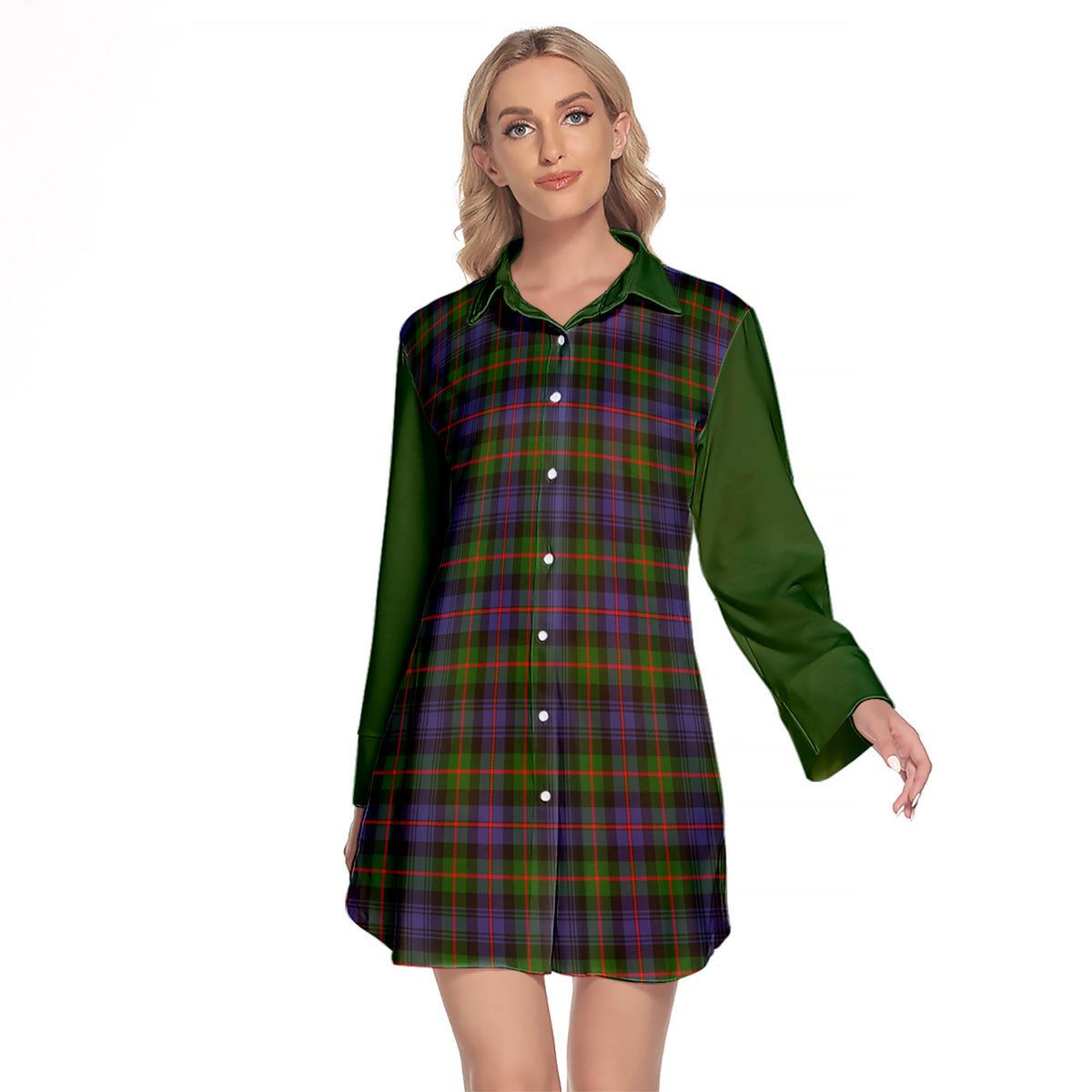 Fleming Tartan Women's Lapel Shirt Dress With Long Sleeve