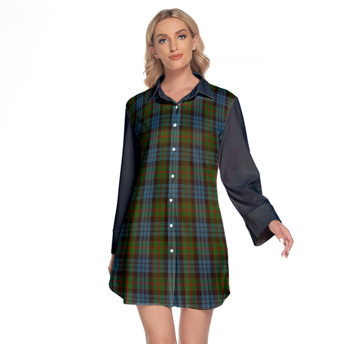 Fletcher Of Dunans Tartan Women's Lapel Shirt Dress With Long Sleeve