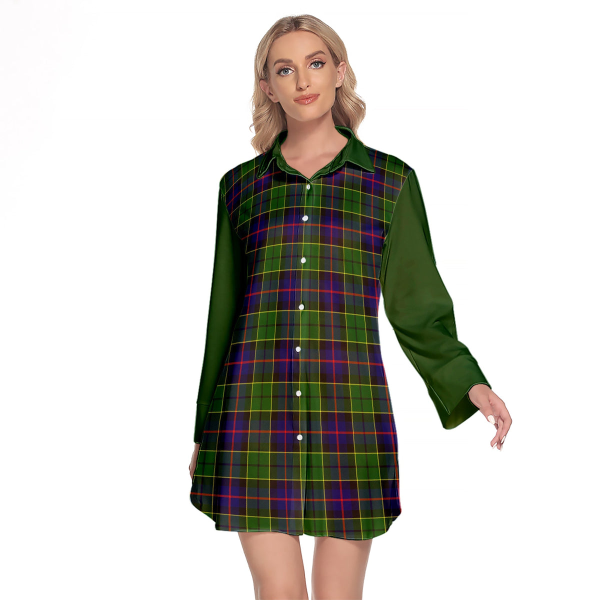 Forsyth Modern Tartan Women's Lapel Shirt Dress With Long Sleeve