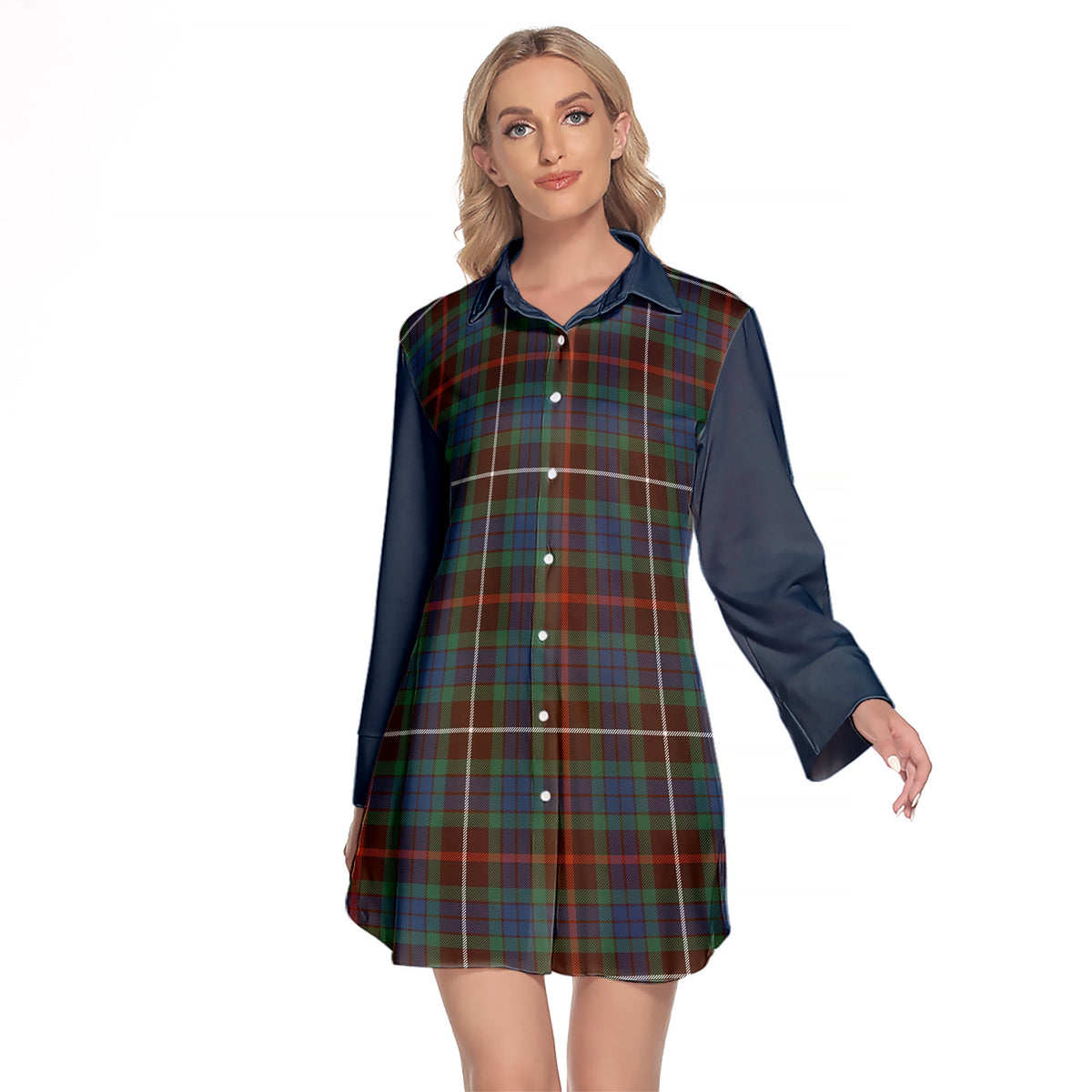 Fraser Hunting Ancient Tartan Women's Lapel Shirt Dress With Long Sleeve