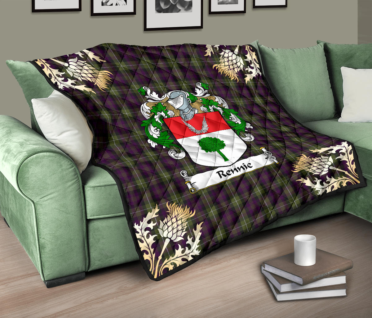 Rennie Family Coat of Arms Tartan Premium Quilt - Gold Thistle Style SP