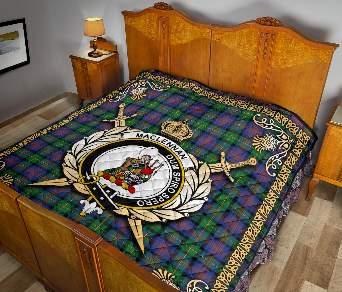 MacLennan Ancient Tartan Crest Premium Quilt - Celtic Thistle Style SP