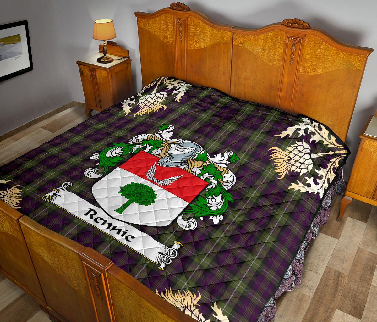 Rennie Family Coat of Arms Tartan Premium Quilt - Gold Thistle Style SP