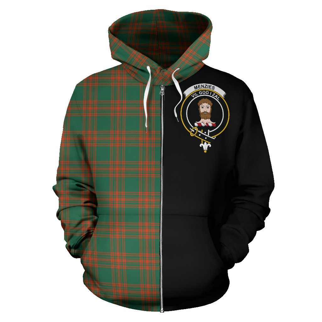 Menzies Green Ancient Tartan Crest Zipper Hoodie - Half Of Me Style