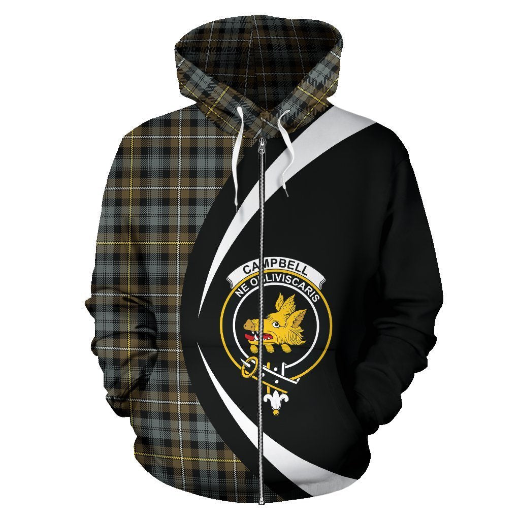 Campbell Argyll Weathered Tartan Crest Zipper Hoodie - Circle Style