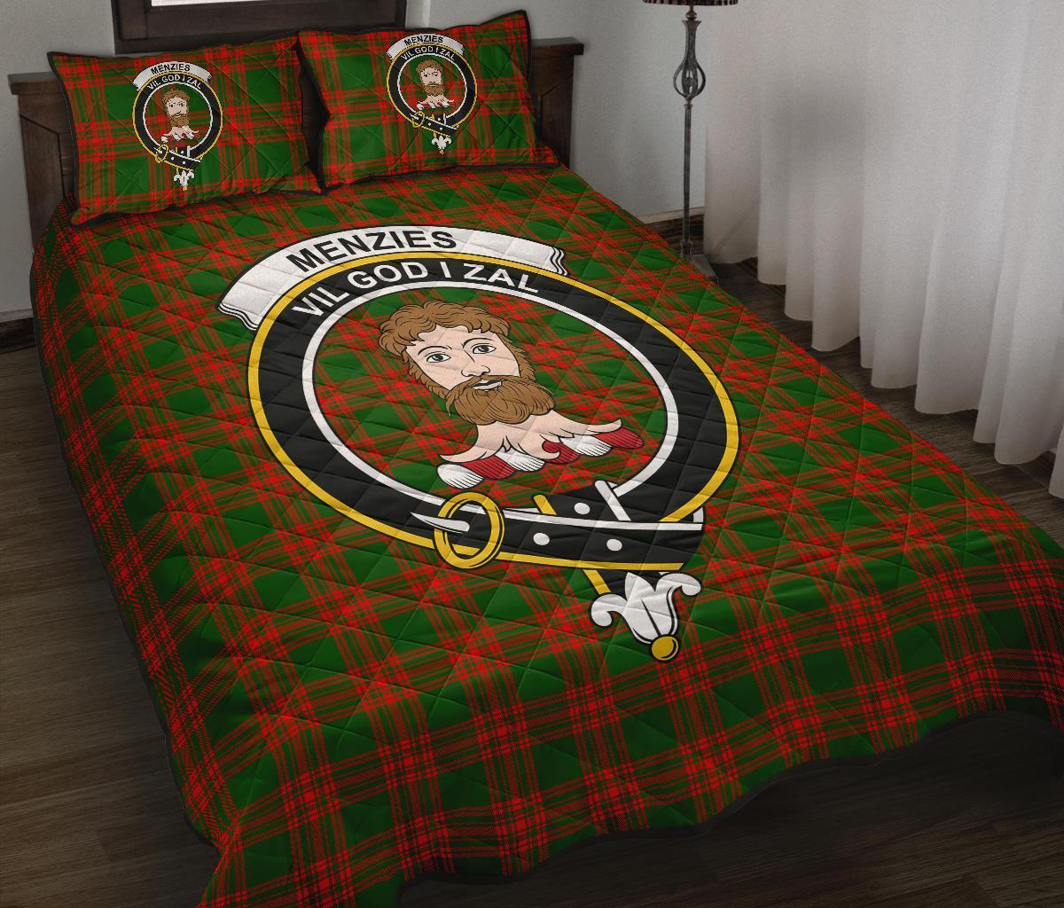 Menzies Green Modern Tartan Crest Quilt Bed Set