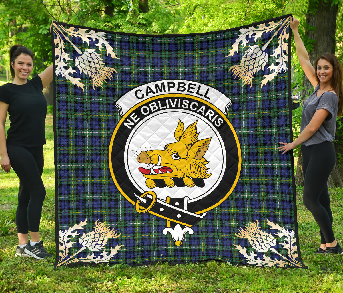 Campbell Argyll Ancient Tartan Crest Premium Quilt - Gold Thistle Style - SP