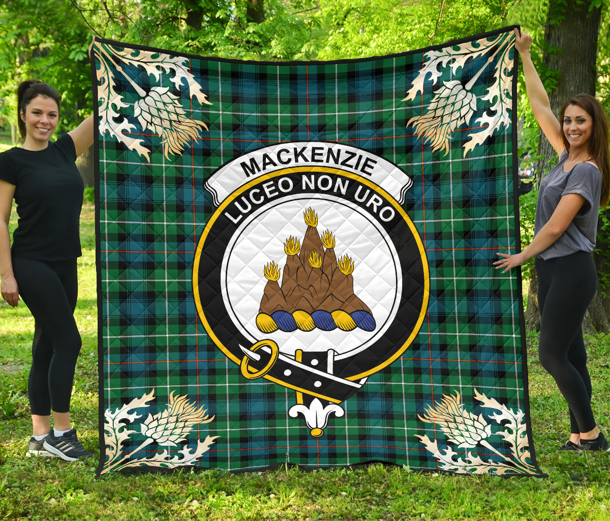MacKenzie Ancient Tartan Crest Premium Quilt - Gold Thistle Style SP