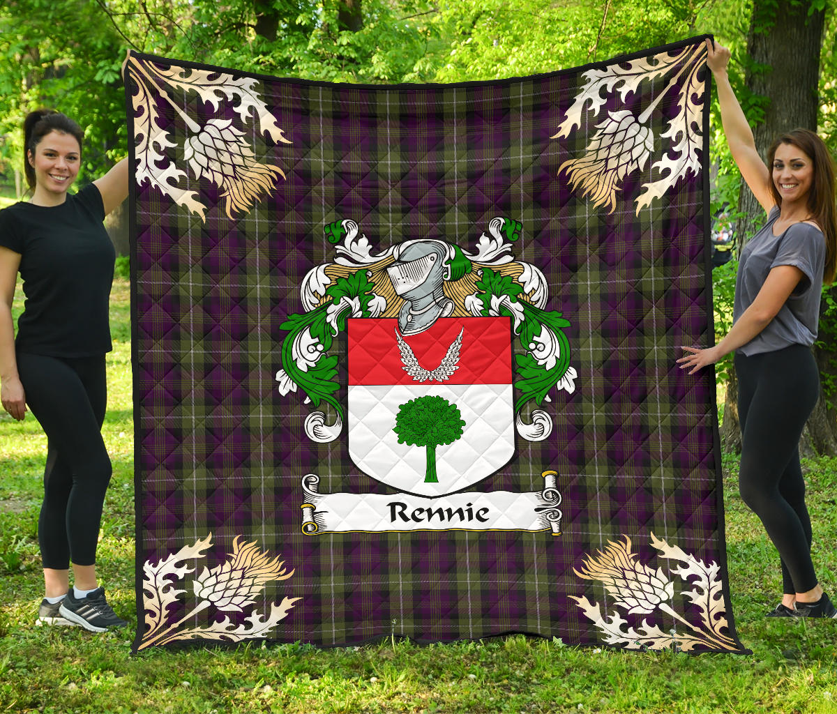 Rennie Family Coat of Arms Tartan Premium Quilt - Gold Thistle Style SP