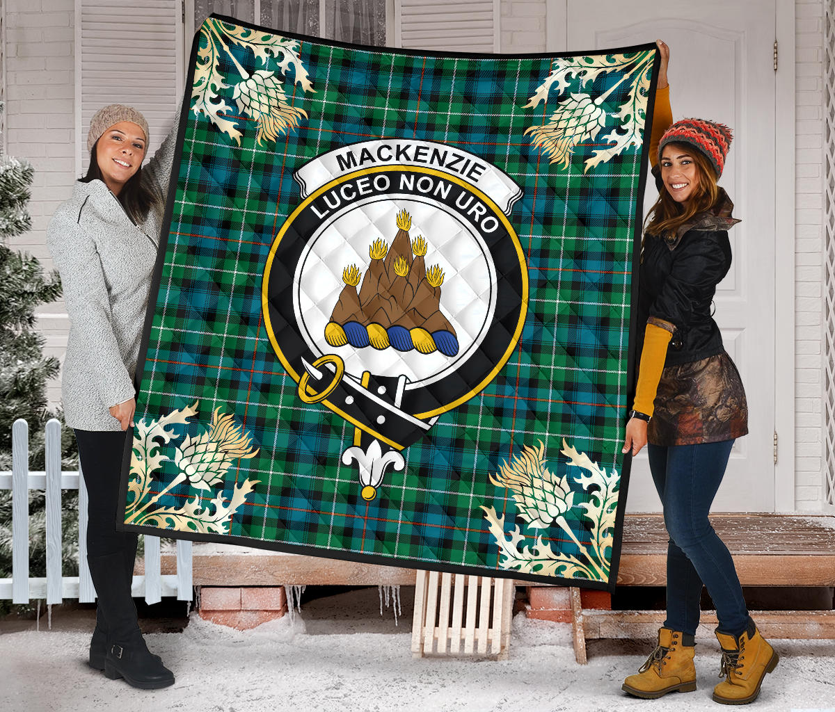 MacKenzie Ancient Tartan Crest Premium Quilt - Gold Thistle Style SP