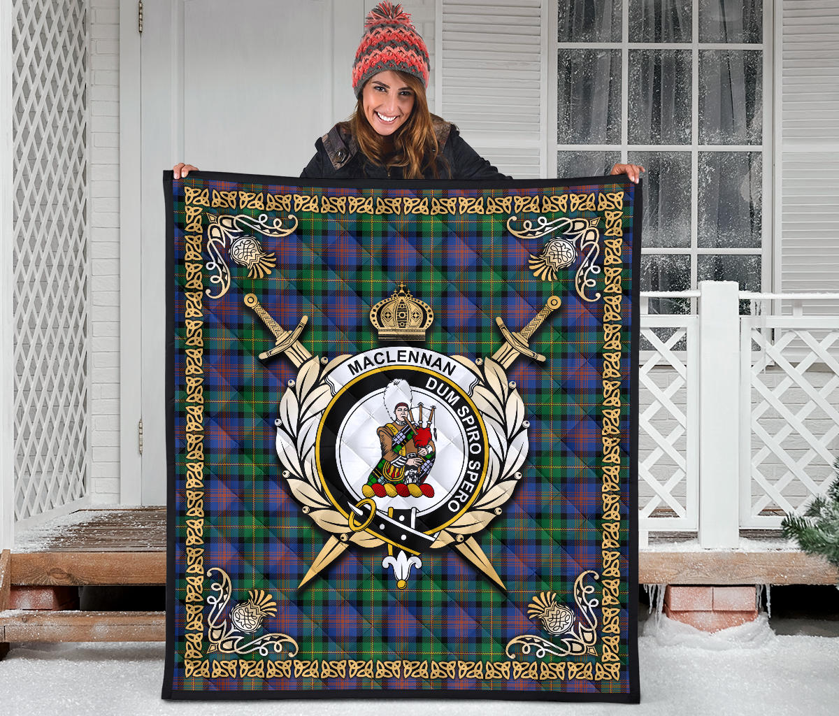 MacLennan Ancient Tartan Crest Premium Quilt - Celtic Thistle Style SP