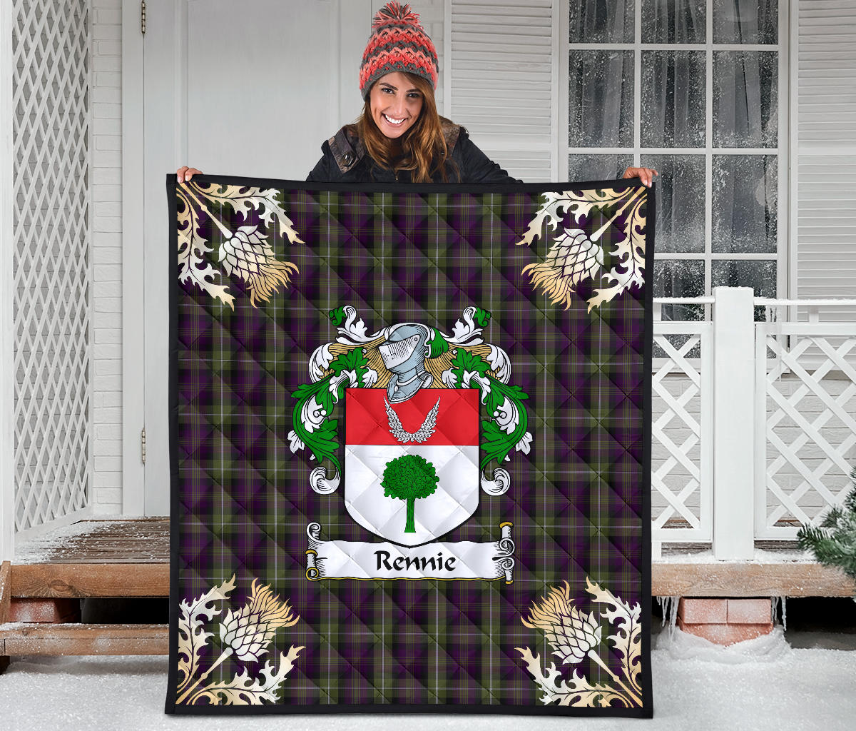 Rennie Family Coat of Arms Tartan Premium Quilt - Gold Thistle Style SP