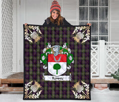 Rennie Family Coat of Arms Tartan Premium Quilt - Gold Thistle Style SP