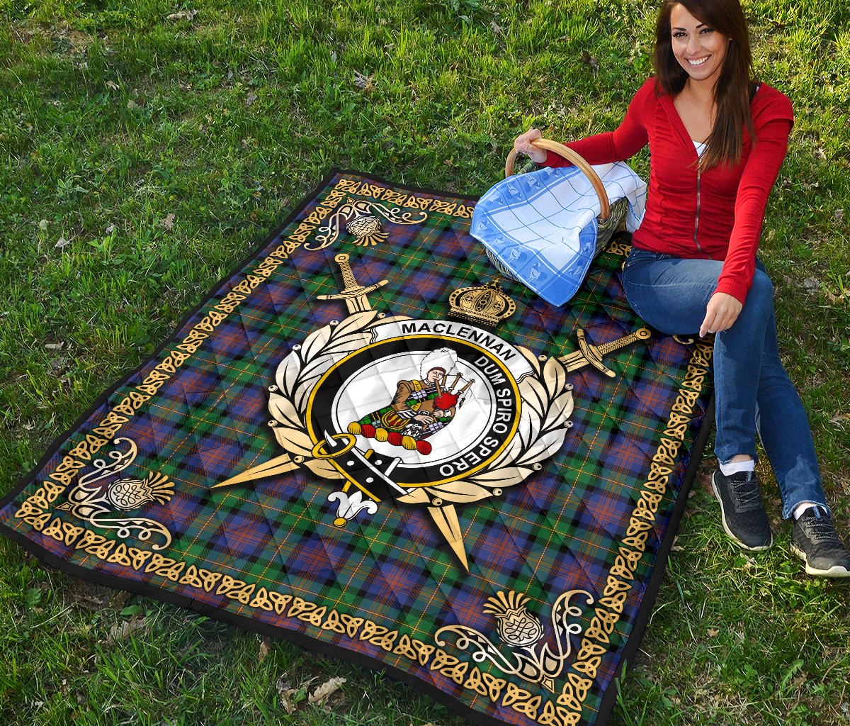 MacLennan Ancient Tartan Crest Premium Quilt - Celtic Thistle Style SP