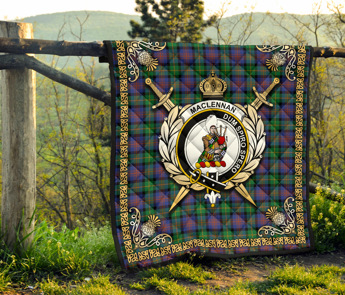 MacLennan Ancient Tartan Crest Premium Quilt - Celtic Thistle Style SP